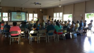 Image: Local residents convened on July 18, 2016 at Kalanianaʻole Hall to discuss the future of Moloka‘i in a changing climate. Guests included Dr. James Jacobi (USGS Pacific Island Ecosystems Research Center), Dr. Paul Hosten (National Park Service), Dr. Tom Giambelluca (University of Hawaii Department of Geography), Nancy McPherson (Department of Hawaiian Homelands), Glenn Teves (UH College of Tropical Agriculture and Human Resources), Jeannine Rossa (Ecolink Consulting), Dr. Stephanie Dunbar (The Nature Conservancy), and Dr. Bradley Romine (UH Sea Grant).
