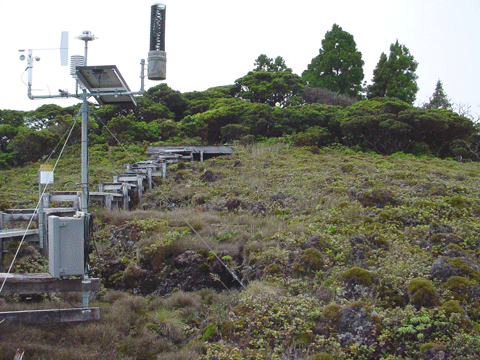 The Puu Kukui rain gage rests at the summit of the West Maui mountains at a summit of 5771 feet. (Credit: USGS Pacific Islands Water Science Center) 