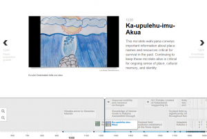 Screenshot from the online Timeline that includes video of a mo‘olelo told by Ku‘ulei Keakealani and illustrated by family members from Ka‘ūpūlehu.